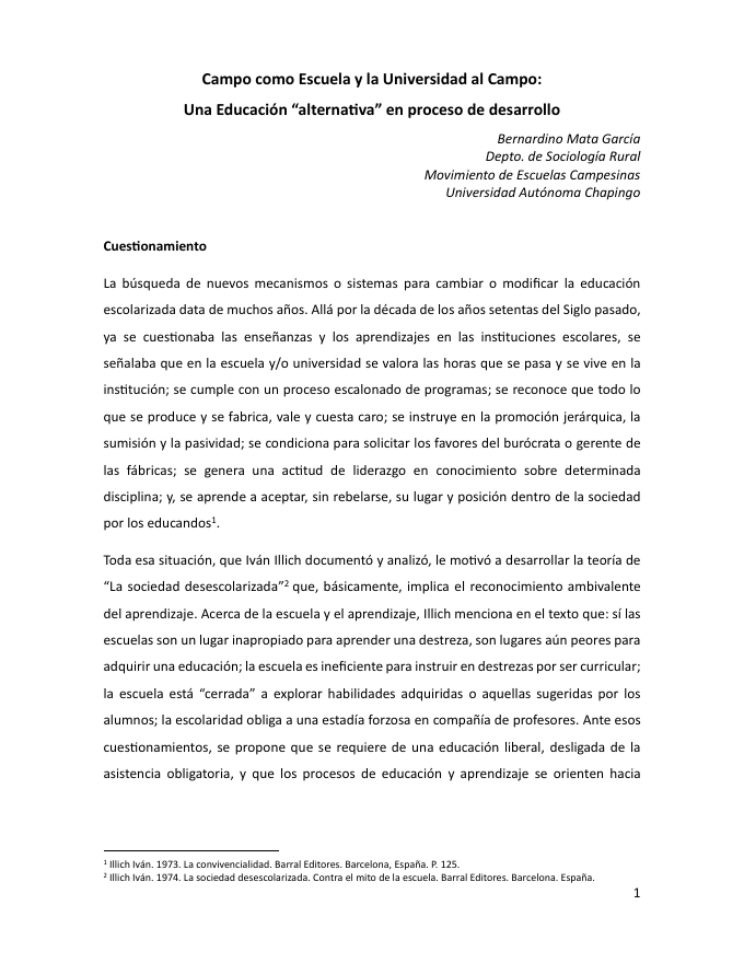 Campo como escuela y la universidad al campo: una educación “alternativa” en proceso de desarrollo